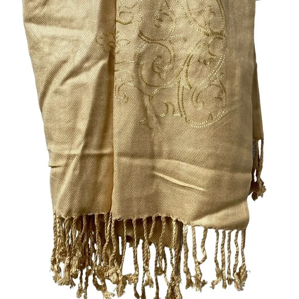 Coldwater Creek Luxury Throw Tan Empress Embroidered with Fringe NEW